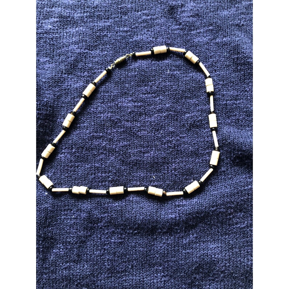 Vintage Tan Tone Tube & Round Black‎ Beads Screw Barrel Closure 14" Necklace